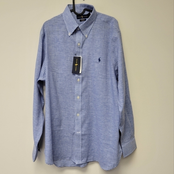 Ralph Lauren Classic Fit Gingham Oxford Linen Shirt Blue L - Picture 4 of 11